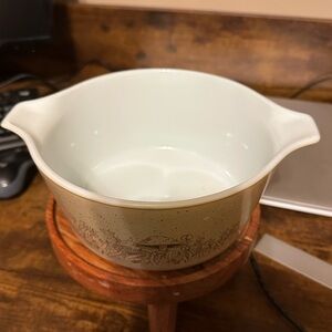 Pyrex Speckled Beige Casserole in the “Forest Fancies” pattern